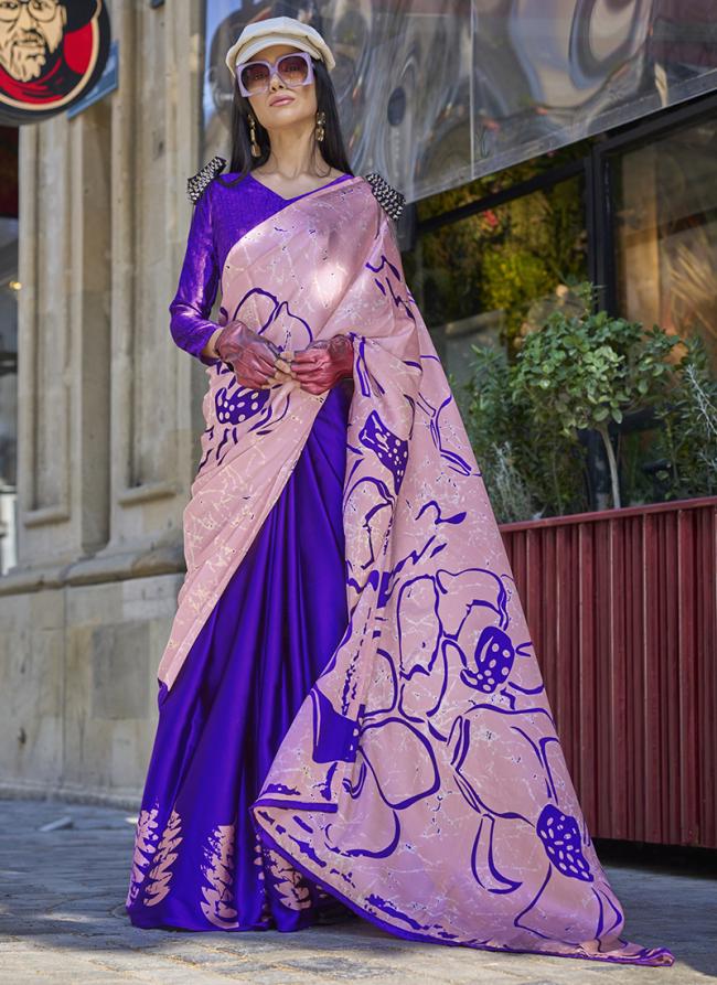 Sattin Crepe Purple Party Wear Digital Printed Saree